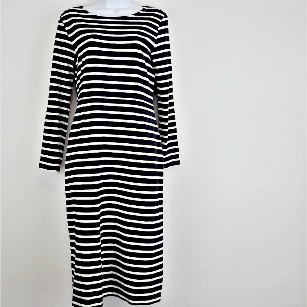 J Crew Dress 6 Knee Length Long Sleeve Blue & White Striped Zip Back Round Neck